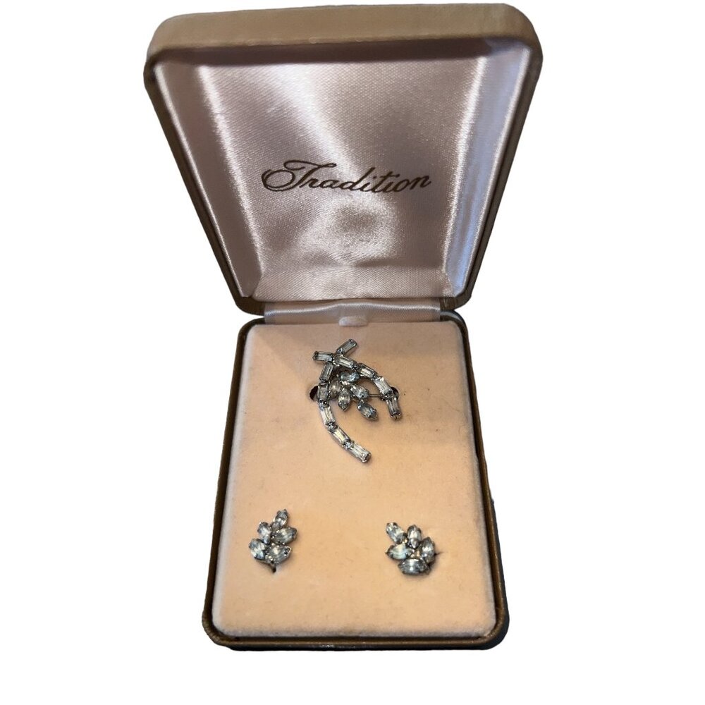 Vintage Rhinestone Clip On Earrings‎ & Brooch Set With Jewelry Gift Box, MCM